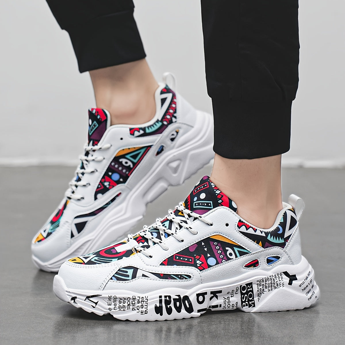 Men’s Graffiti Chunky Sneakers – Bold Streetwear Trainers with Printed Sole and Urban Art Details