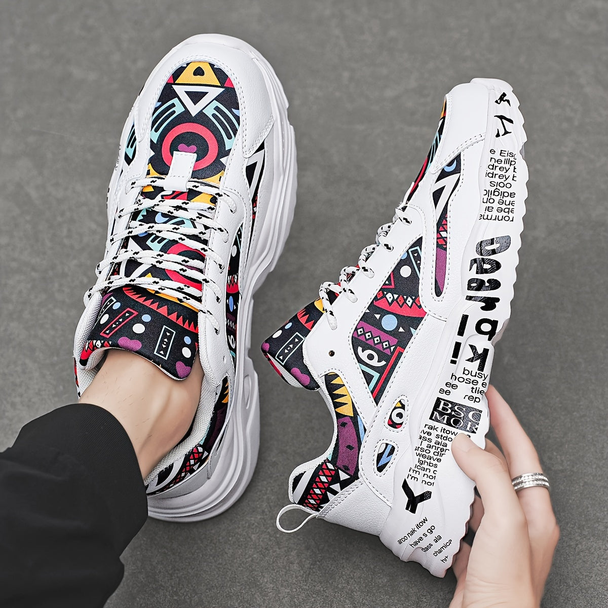 Men’s Graffiti Chunky Sneakers – Bold Streetwear Trainers with Printed Sole and Urban Art Details