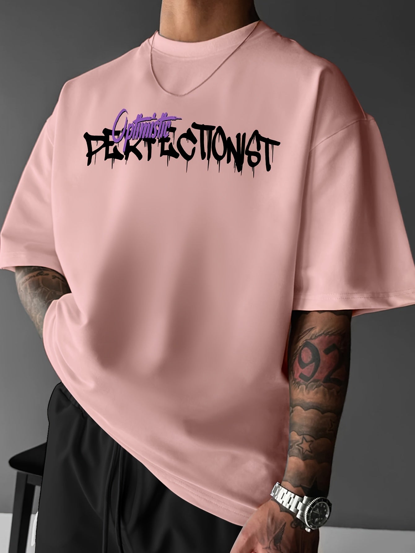 Oversized Graphic Tee for Men – Black & Purple Urban Streetwear | Summer Loose Fit T-Shirt with Lettering