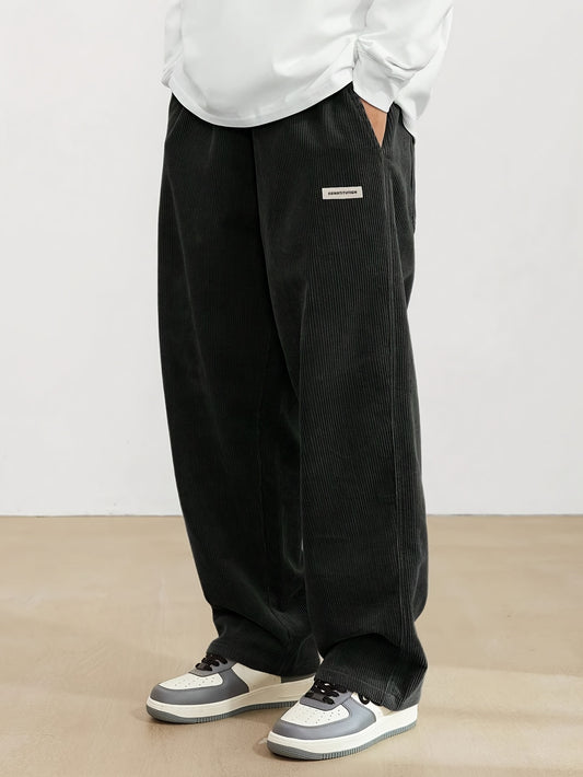 Men’s Black Corduroy Cargo Pants – Vintage Loose Fit, Streetwear Style, Wide Leg with Side Pockets