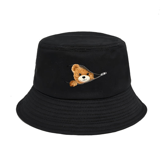Unisex Bucket Hat With Cute Bear Print, Solid Color Outdoor Casual Travel Beach Sun Hat
