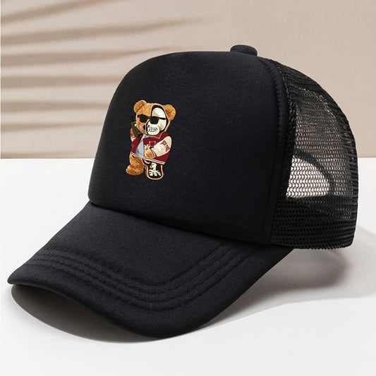 Fashionable Polyester Baseball Cap, Breathable Mesh Back, Adjustable, with Cartoon Bear Print, for All-Season Wear