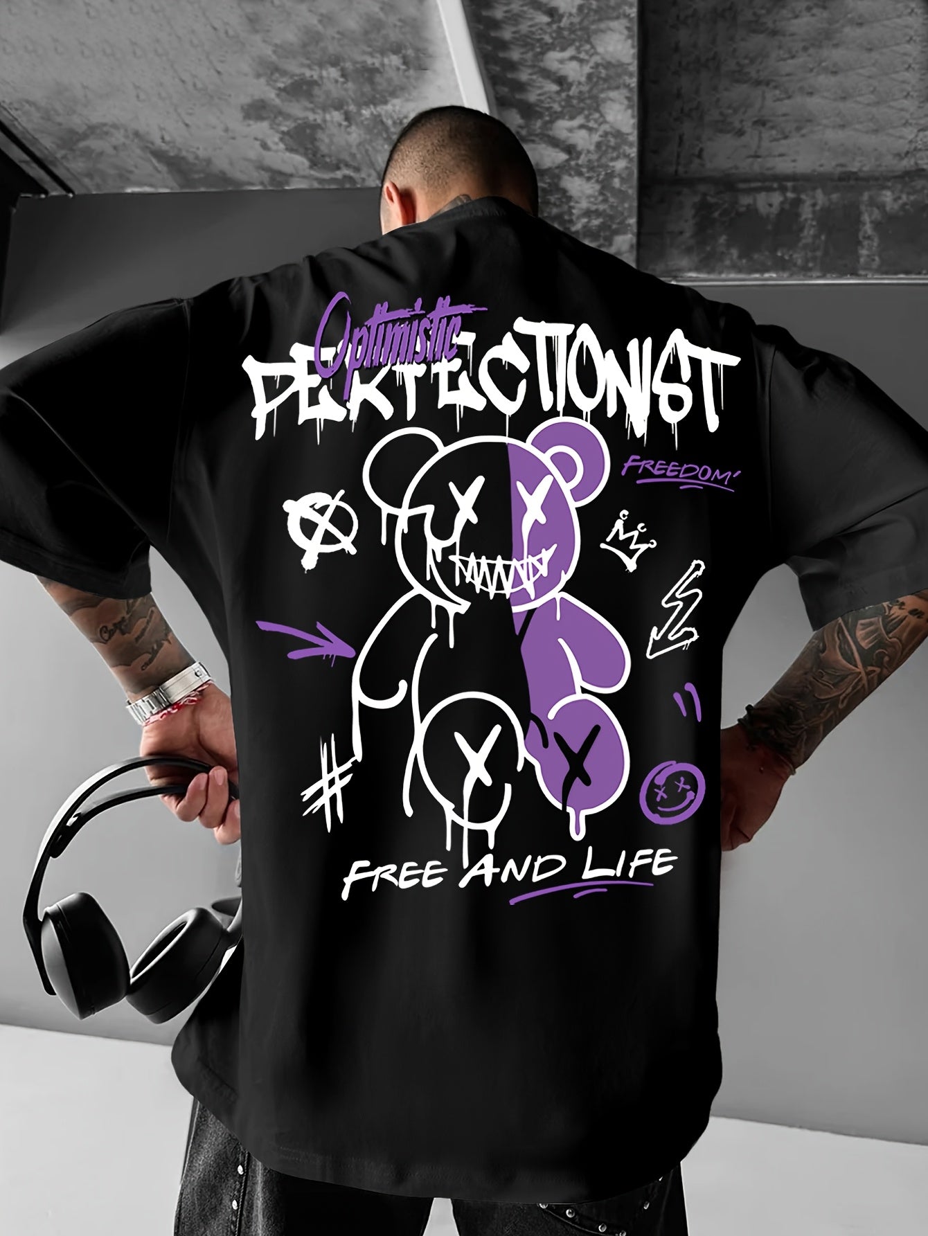 Oversized Graphic Tee for Men – Black & Purple Urban Streetwear | Summer Loose Fit T-Shirt with Lettering