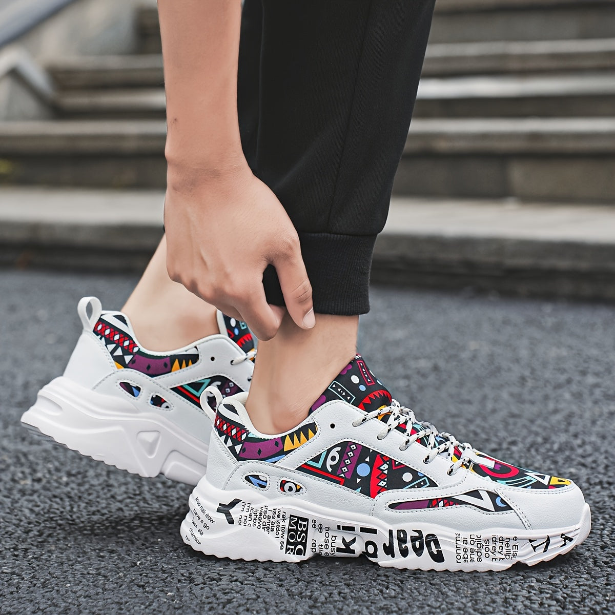 Men’s Graffiti Chunky Sneakers – Bold Streetwear Trainers with Printed Sole and Urban Art Details
