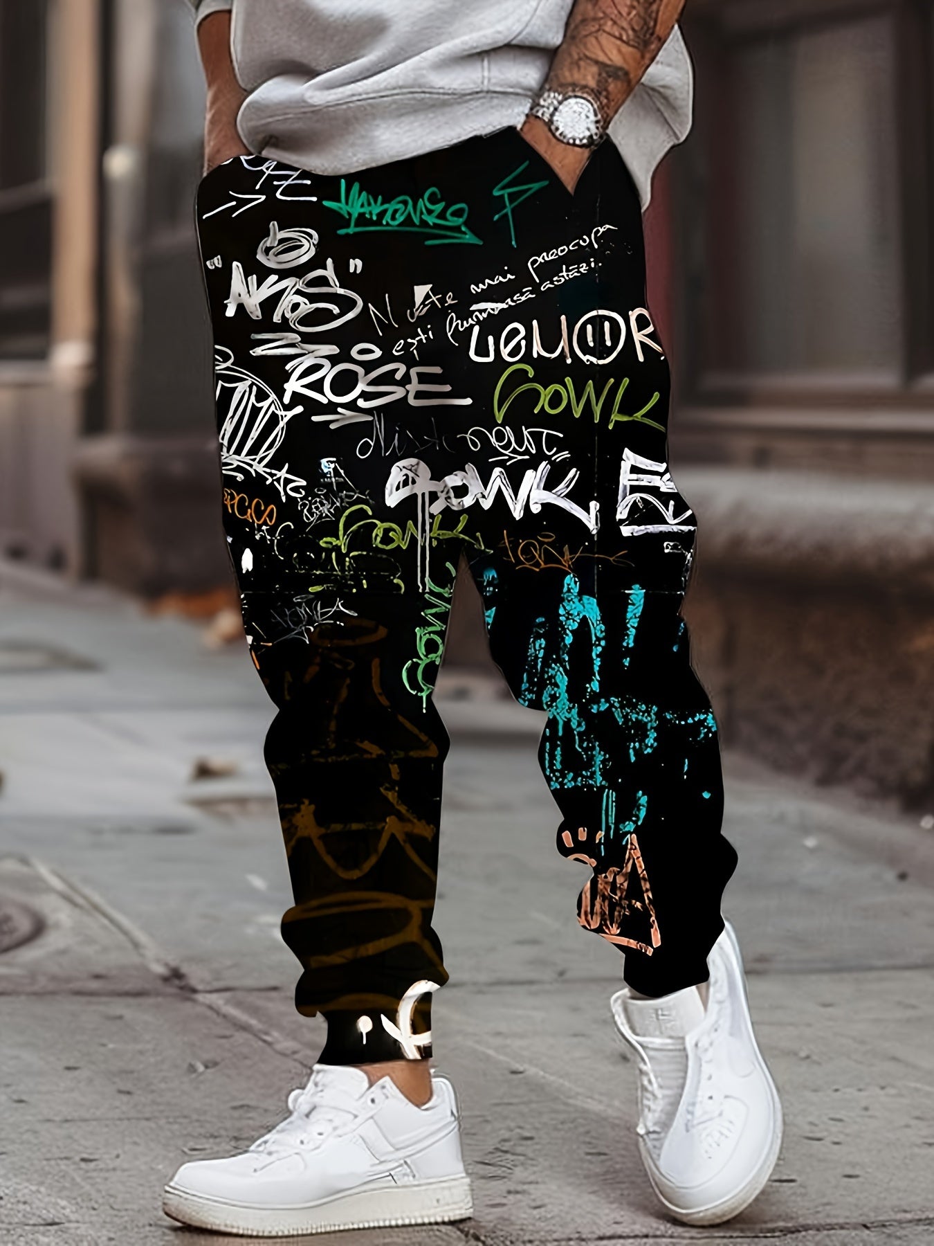 Men’s Graffiti Print Joggers – All-Over Streetwear Sweatpants with Drawstring & Pockets | Urban Fit for Europe