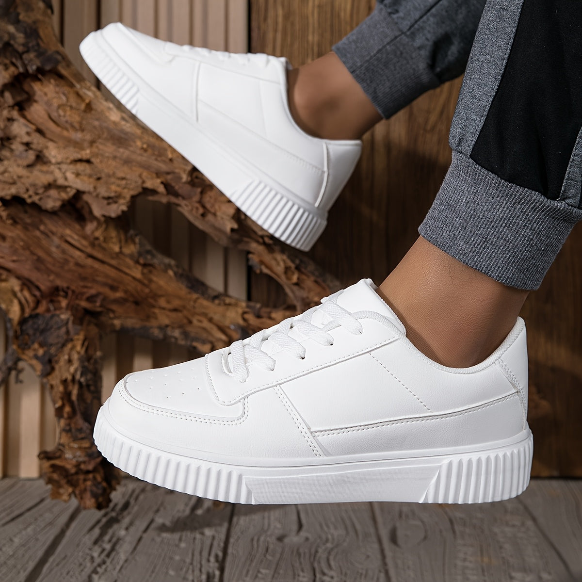 Men’s White All-Season Skateboard Sneakers – Low Top Faux Leather Casual Shoes with EVA Sole for Urban Streetwear Style