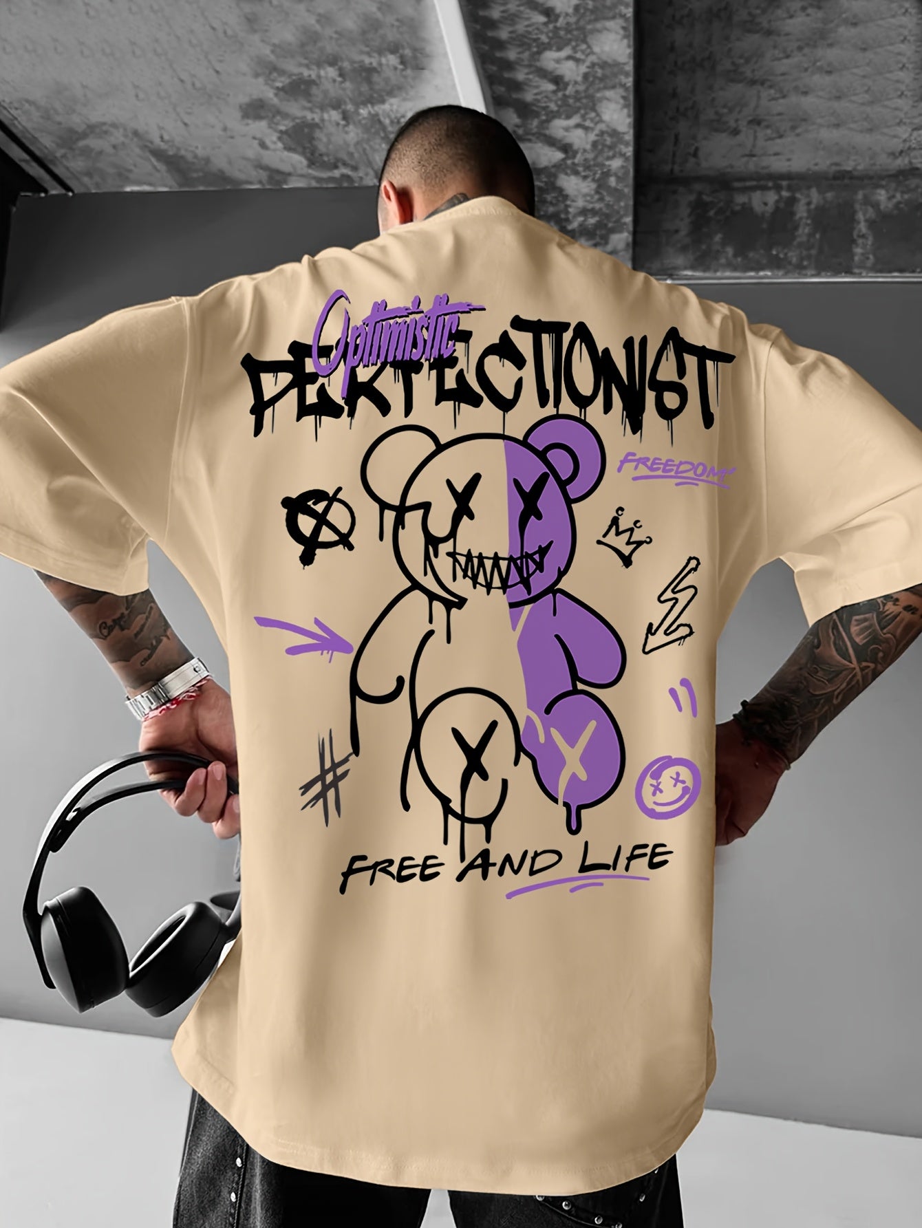 Oversized Graphic Tee for Men – Black & Purple Urban Streetwear | Summer Loose Fit T-Shirt with Lettering