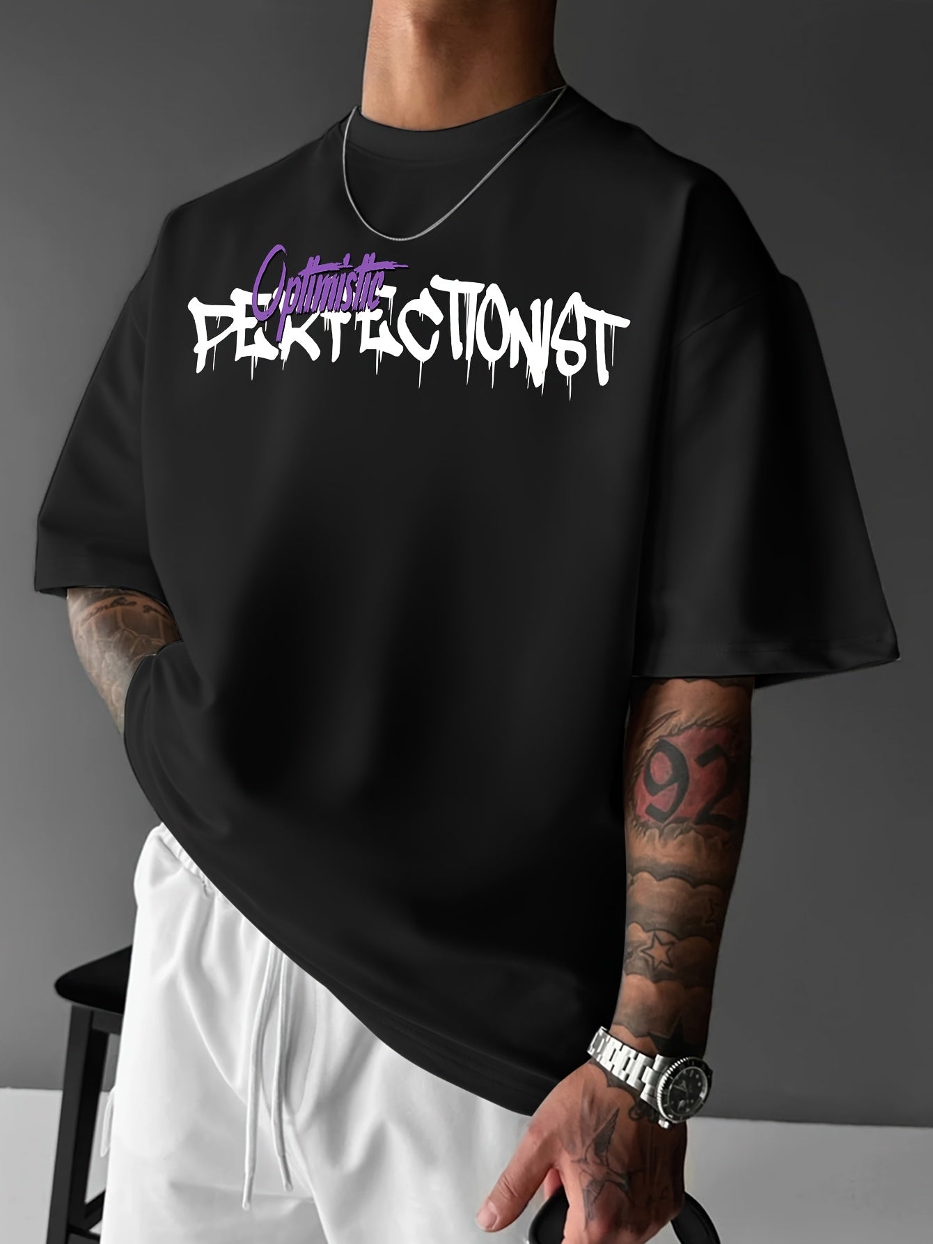 Oversized Graphic Tee for Men – Black & Purple Urban Streetwear | Summer Loose Fit T-Shirt with Lettering