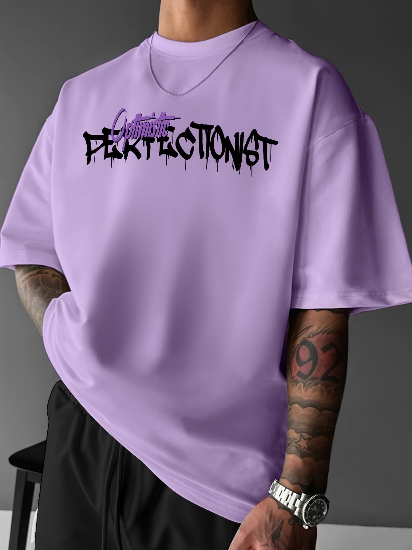 Oversized Graphic Tee for Men – Black & Purple Urban Streetwear | Summer Loose Fit T-Shirt with Lettering