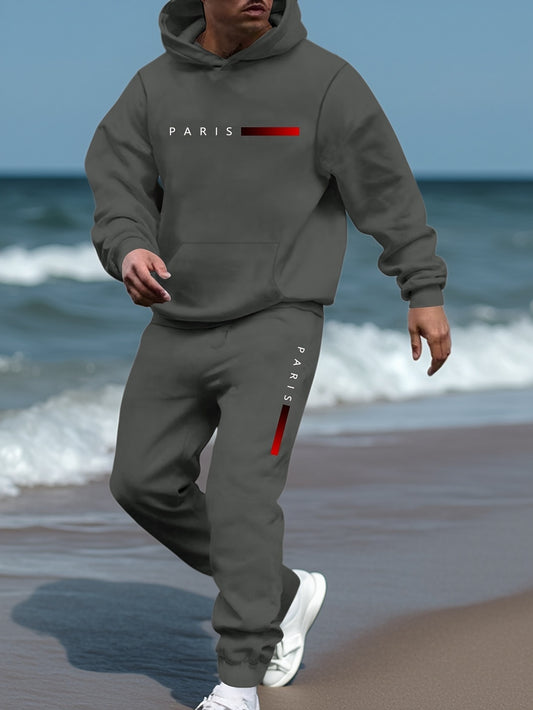 Men’s Dark Gray Paris Tracksuit – Two-Piece Hoodie and Joggers Set, Minimal Streetwear Fit
