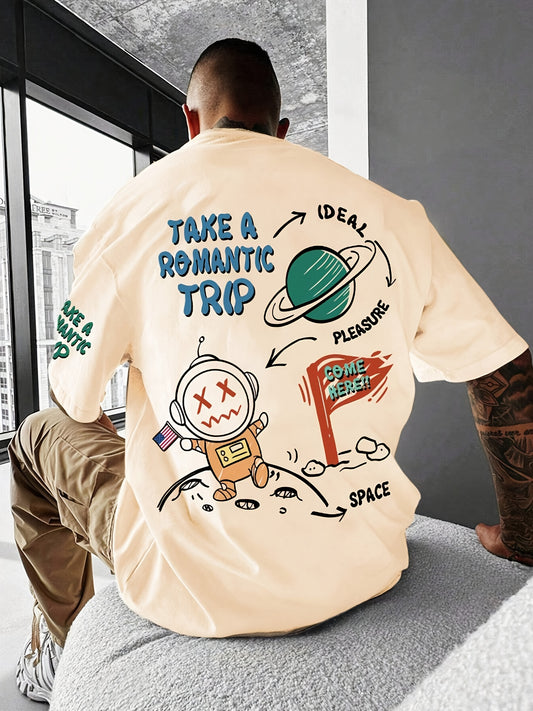 Men’s Astronaut Cartoon T-Shirt – Oversized Streetwear Tee with Space Graphic Back Print