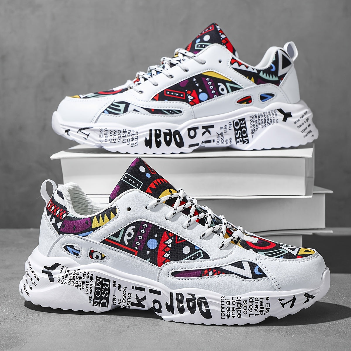 Men’s Graffiti Chunky Sneakers – Bold Streetwear Trainers with Printed Sole and Urban Art Details