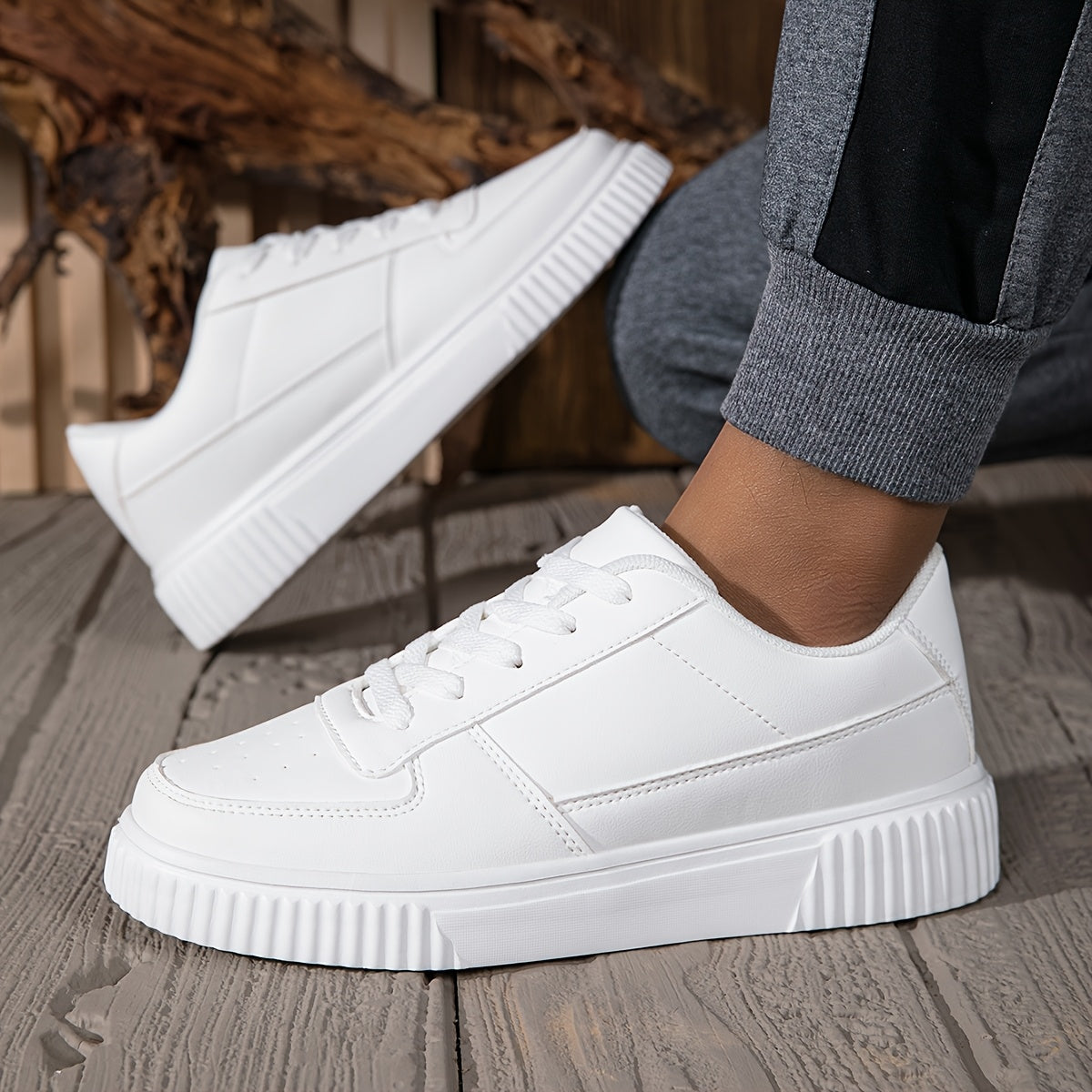 Men’s White All-Season Skateboard Sneakers – Low Top Faux Leather Casual Shoes with EVA Sole for Urban Streetwear Style