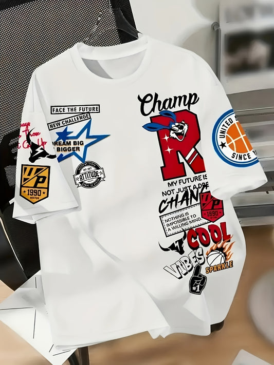 Men’s “R” Graphic Print T-Shirt – Street Slogan Tee with Basketball Patch, Summer Style for Europe