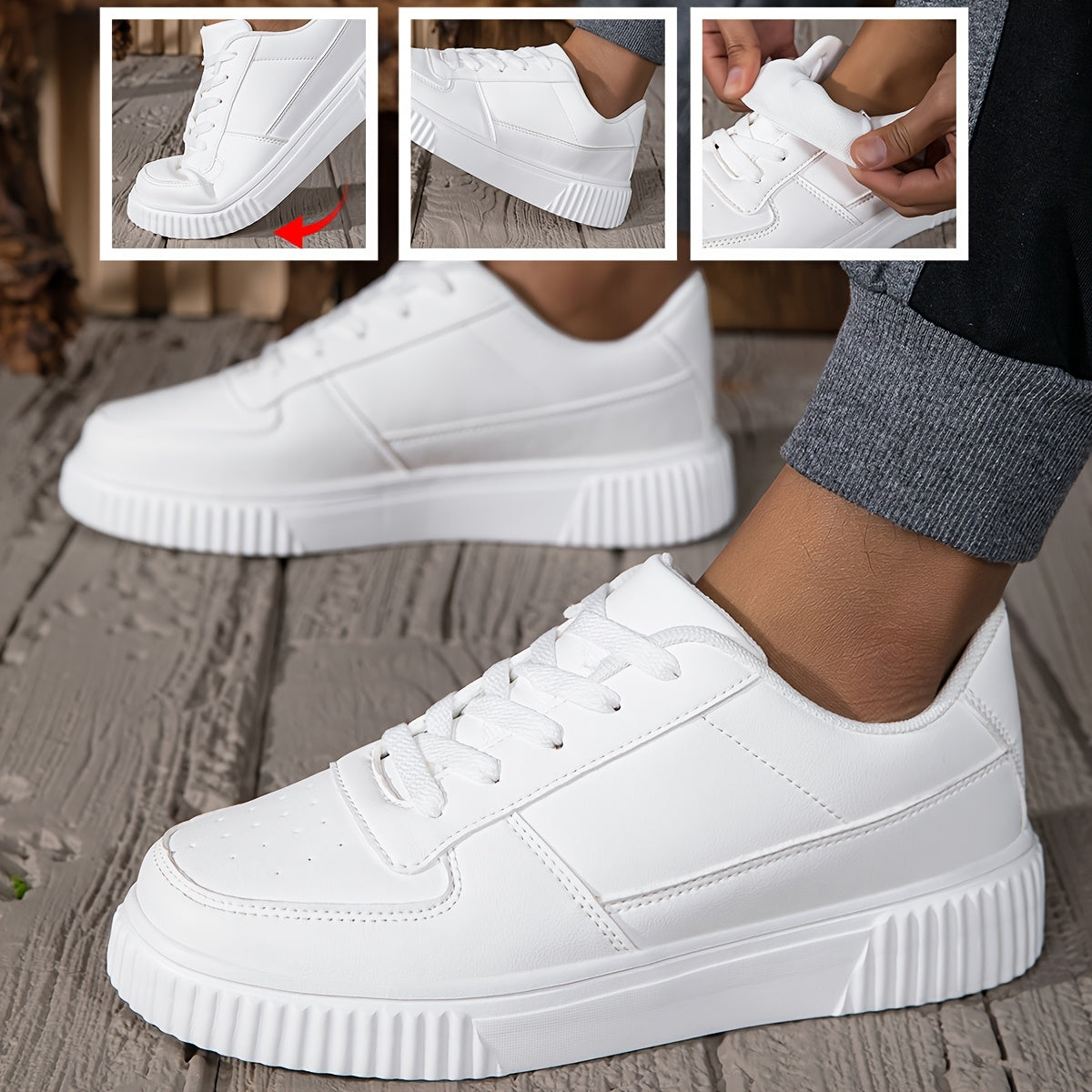 Men’s White All-Season Skateboard Sneakers – Low Top Faux Leather Casual Shoes with EVA Sole for Urban Streetwear Style