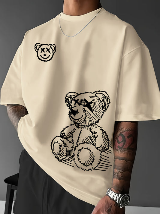 Men’s Bear Graphic T-Shirt – Summer Casual Tee with Sketch Print for Urban Streetwear in Europe