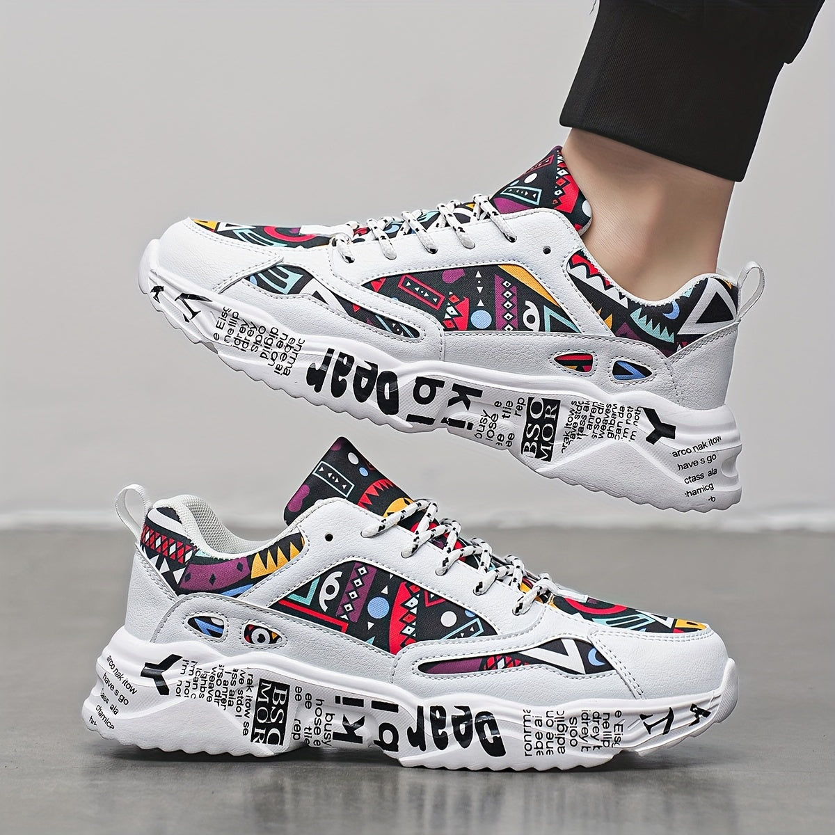 Men’s Graffiti Chunky Sneakers – Bold Streetwear Trainers with Printed Sole and Urban Art Details