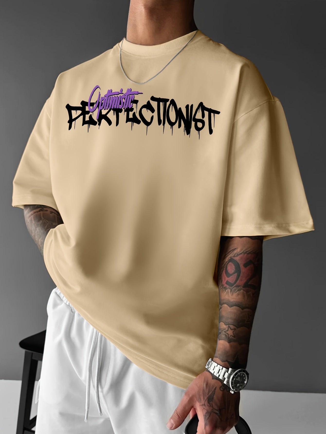 Oversized Graphic Tee for Men – Black & Purple Urban Streetwear | Summer Loose Fit T-Shirt with Lettering