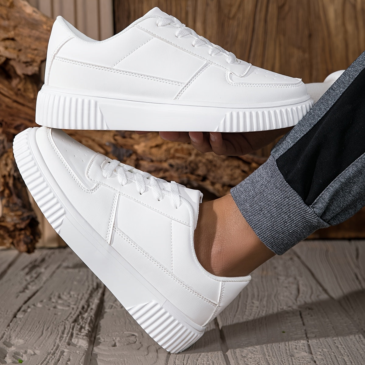 Men’s White All-Season Skateboard Sneakers – Low Top Faux Leather Casual Shoes with EVA Sole for Urban Streetwear Style