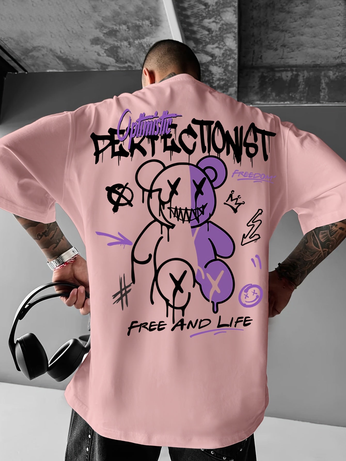 Oversized Graphic Tee for Men – Black & Purple Urban Streetwear | Summer Loose Fit T-Shirt with Lettering