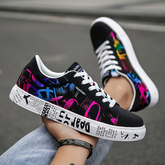 Men’s Colorful Graffiti Low-Top Sneakers – Urban Streetwear Skate Shoes with Printed Sole & Artistic Design