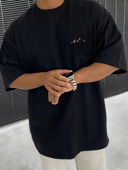 Men’s Oversized T-Shirt with Minimal Mountain Print – Black High-Stretch Tee for Summer Streetwear Europe