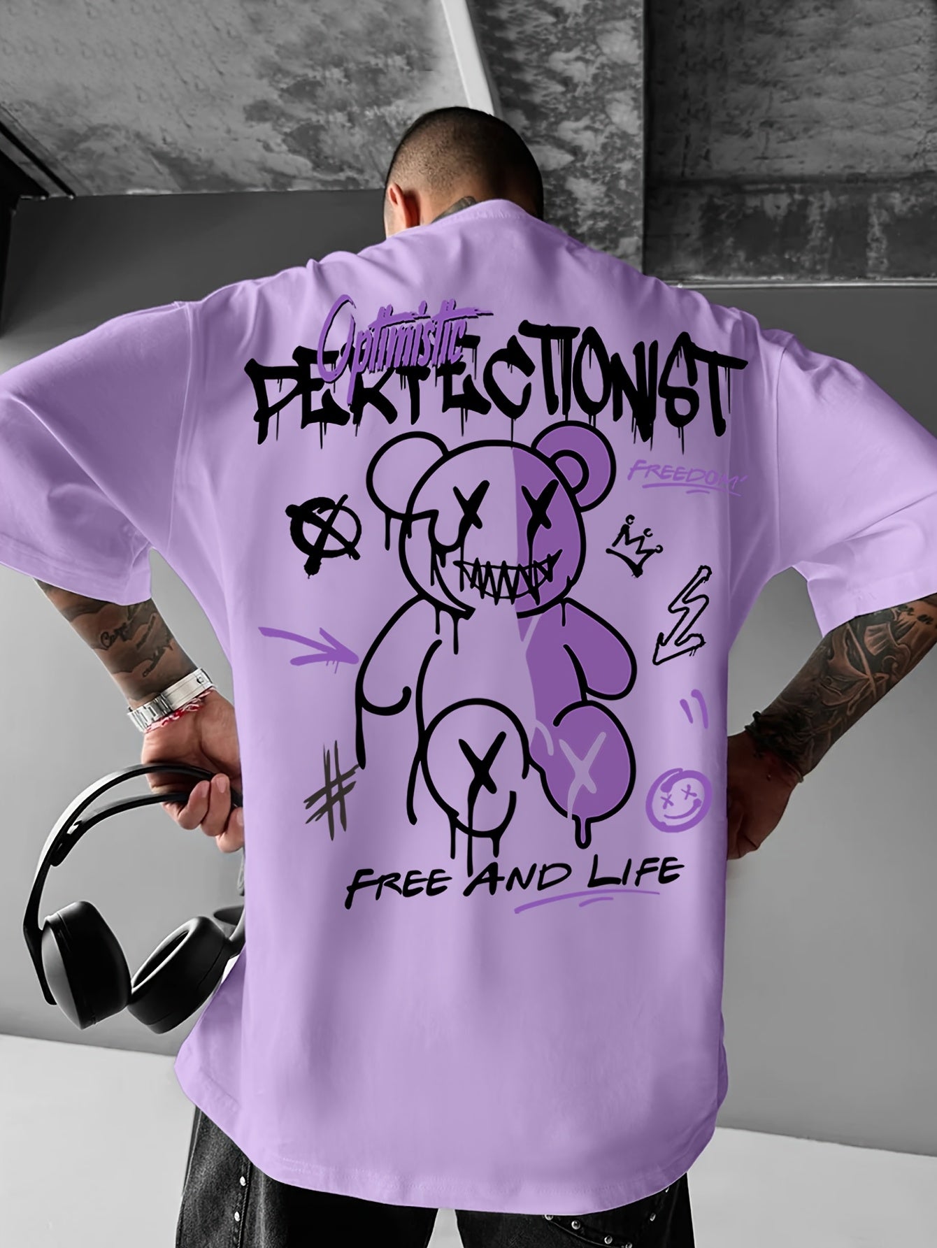 Oversized Graphic Tee for Men – Black & Purple Urban Streetwear | Summer Loose Fit T-Shirt with Lettering