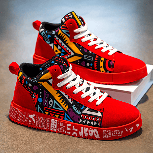 Men’s Red Graffiti High-Top Sneakers – Bold Streetwear Skate Shoes with Printed Sole and Urban Art Panels