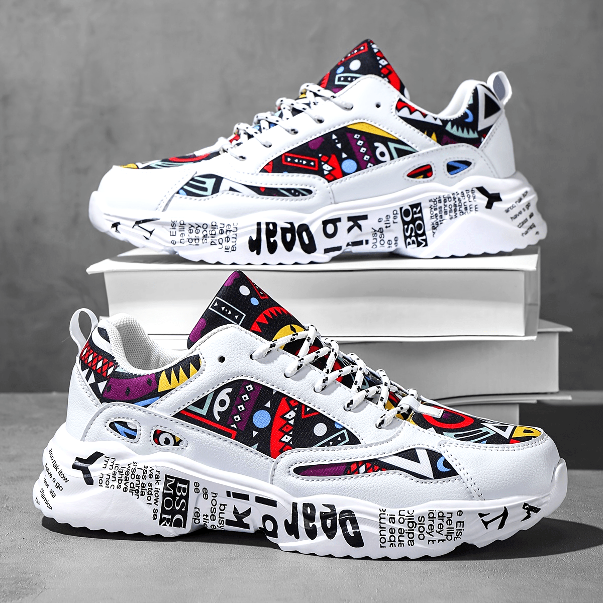 Men’s Graffiti Chunky Sneakers – Bold Streetwear Trainers with Printed Sole and Urban Art Details
