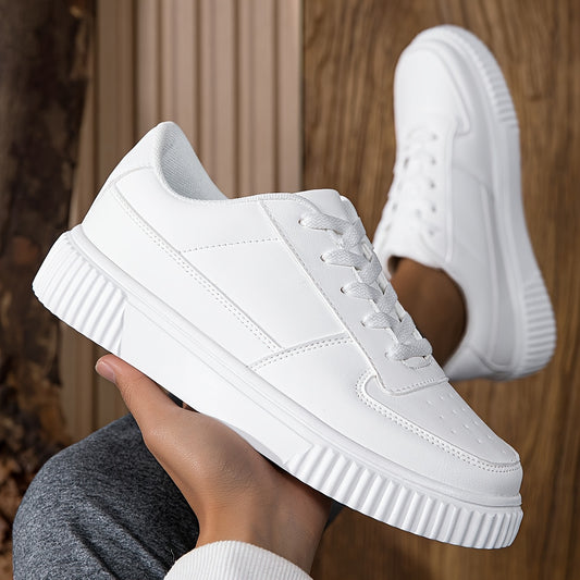 Men’s White All-Season Skateboard Sneakers – Low Top Faux Leather Casual Shoes with EVA Sole for Urban Streetwear Style