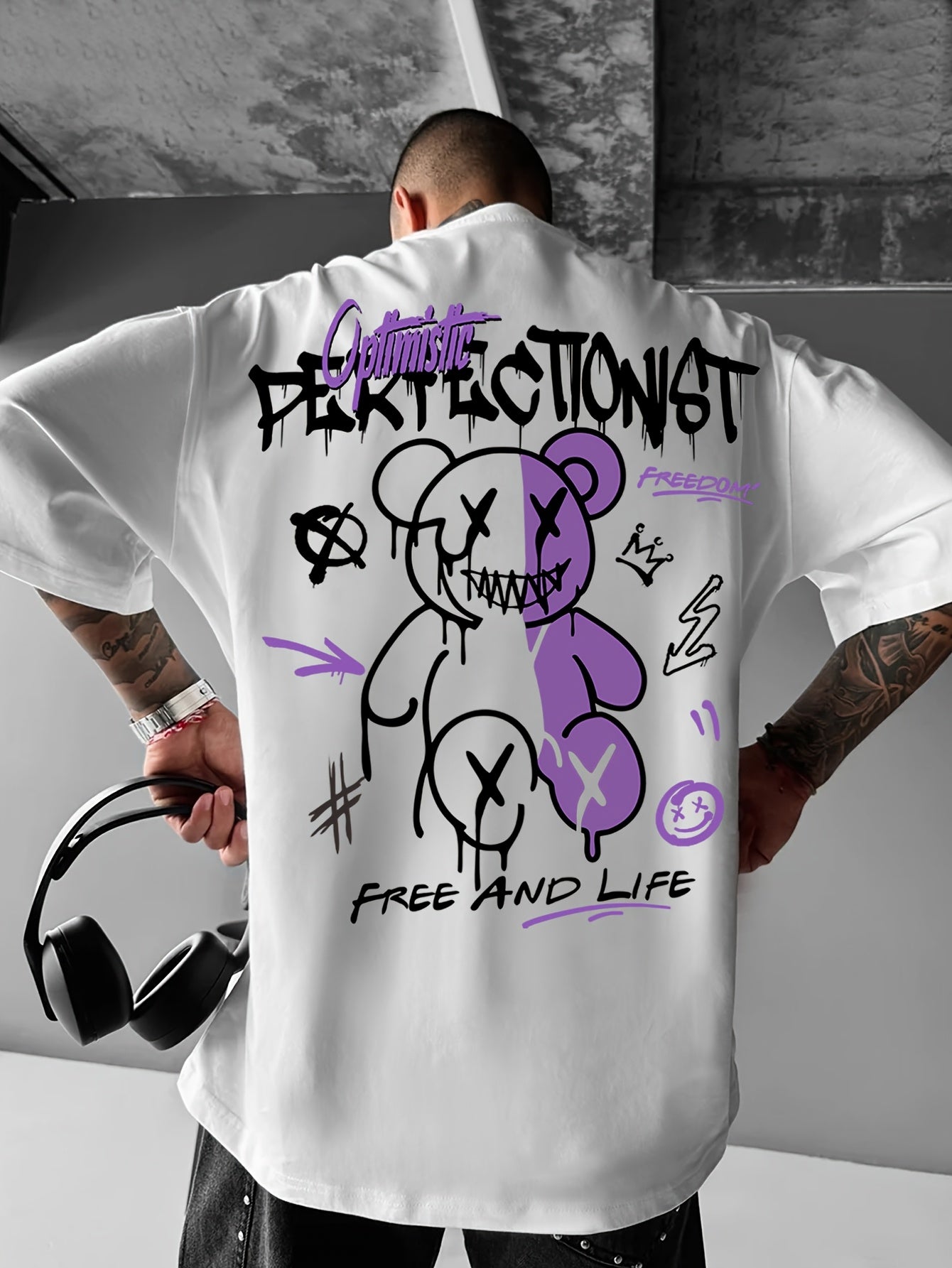 Oversized Graphic Tee for Men – Black & Purple Urban Streetwear | Summer Loose Fit T-Shirt with Lettering