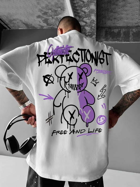 Oversized Graphic Tee for Men – Black & Purple Urban Streetwear | Summer Loose Fit T-Shirt with Lettering