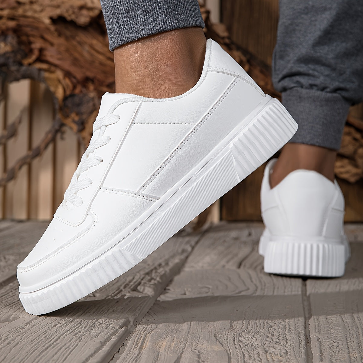 Men’s White All-Season Skateboard Sneakers – Low Top Faux Leather Casual Shoes with EVA Sole for Urban Streetwear Style